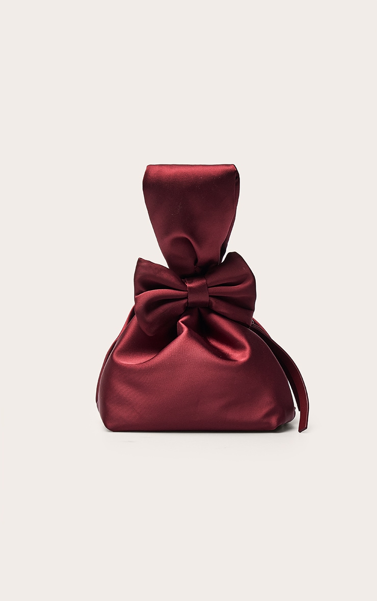 Burgundy Satin Bow Detail Clutch Bag image 2