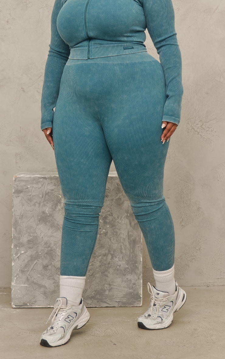 PLT Plus Dark Blue Acid Wash Seamless Rib Leggings Athleisure PLT