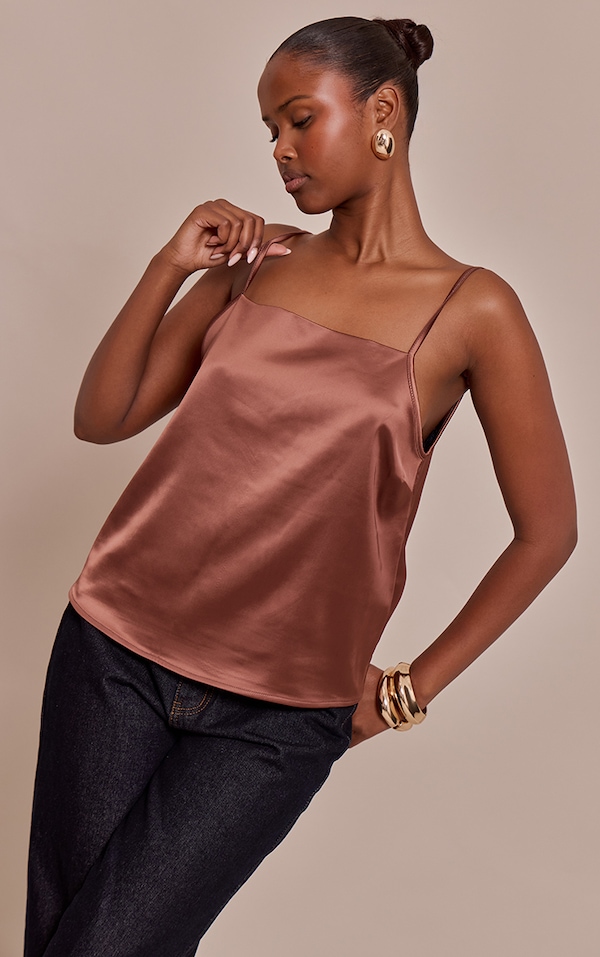 Chocolate  Satin Backless Lace Trim Cami Top