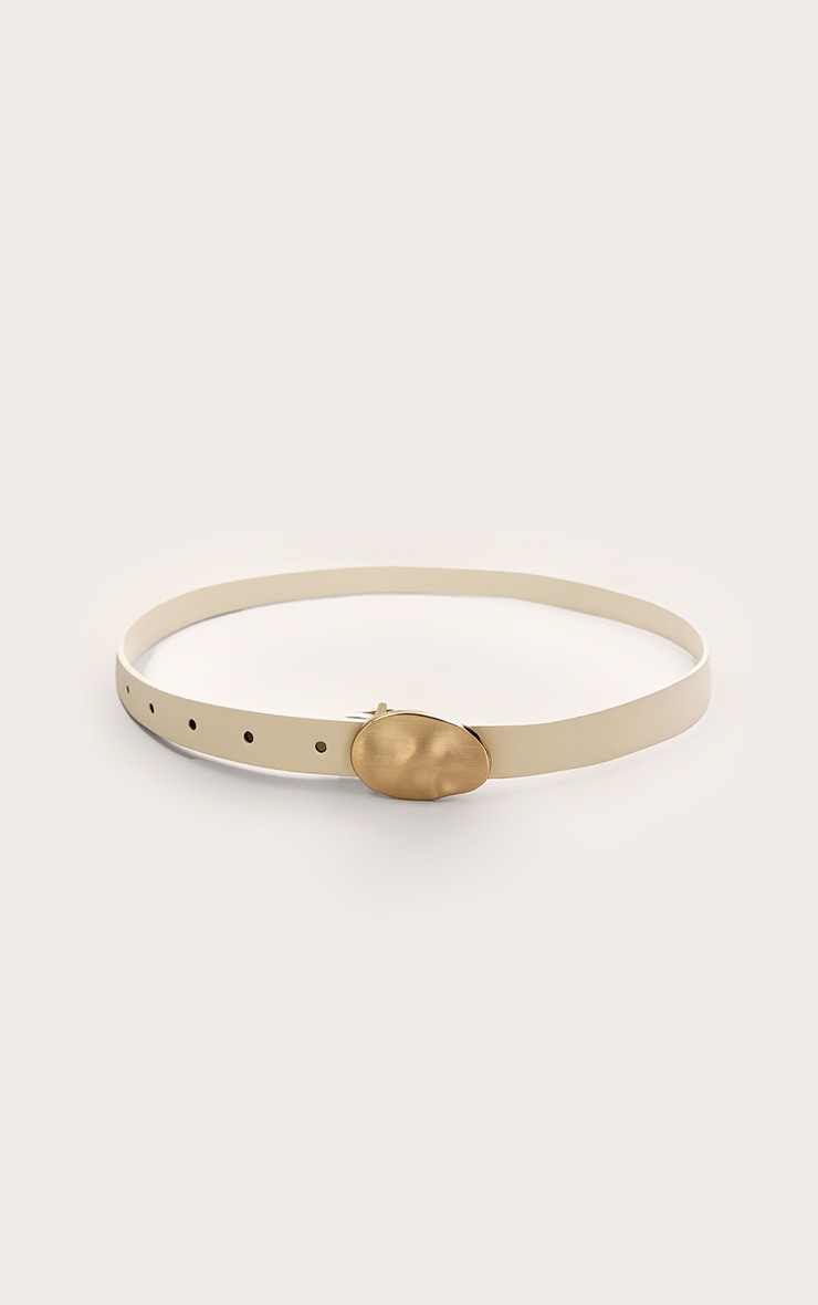 Cream PU Hammered Gold Buckle Skinny Belt image 2