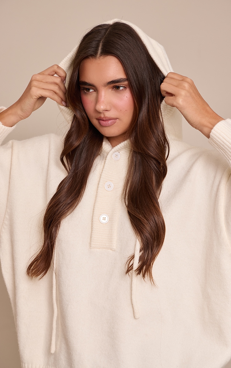 Cream Knitted Button Detail Oversized Hoodie  image 4