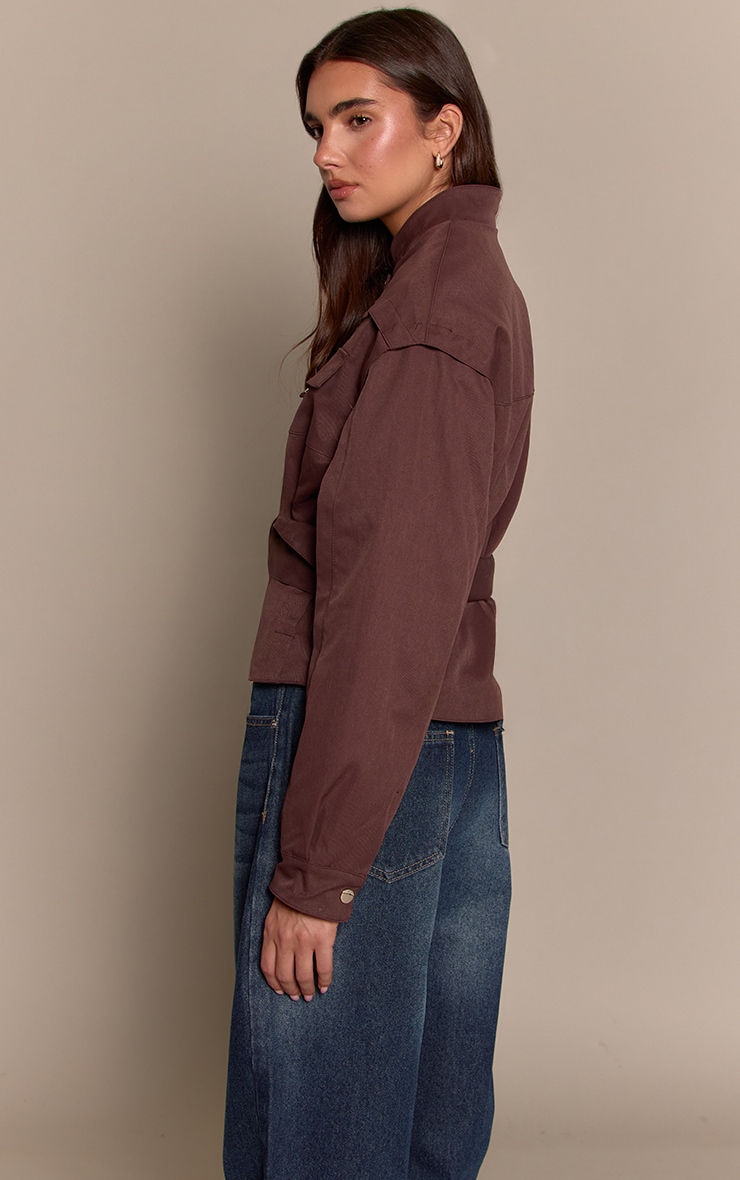 Chocolate Plum Pocket Seam Detail Belted Utility Jacket  image 2