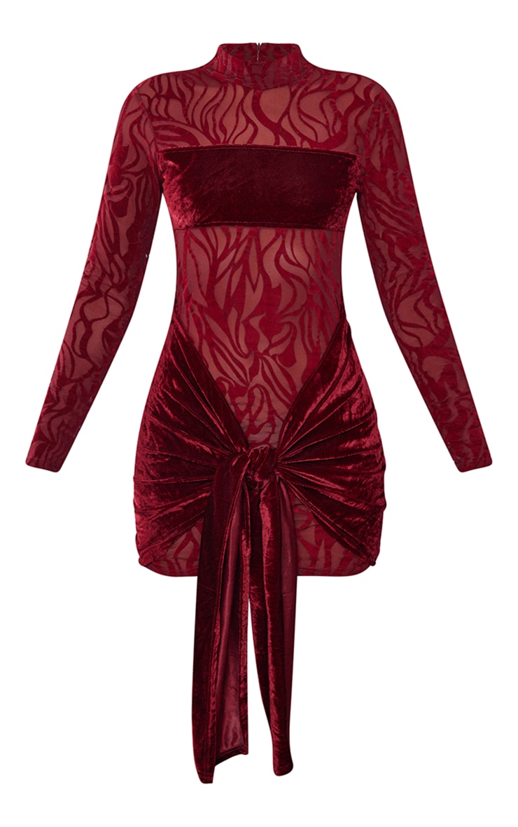 Burgundy Flocked Mesh Drape Tie Bodycon Dress Dresses PLT KSA