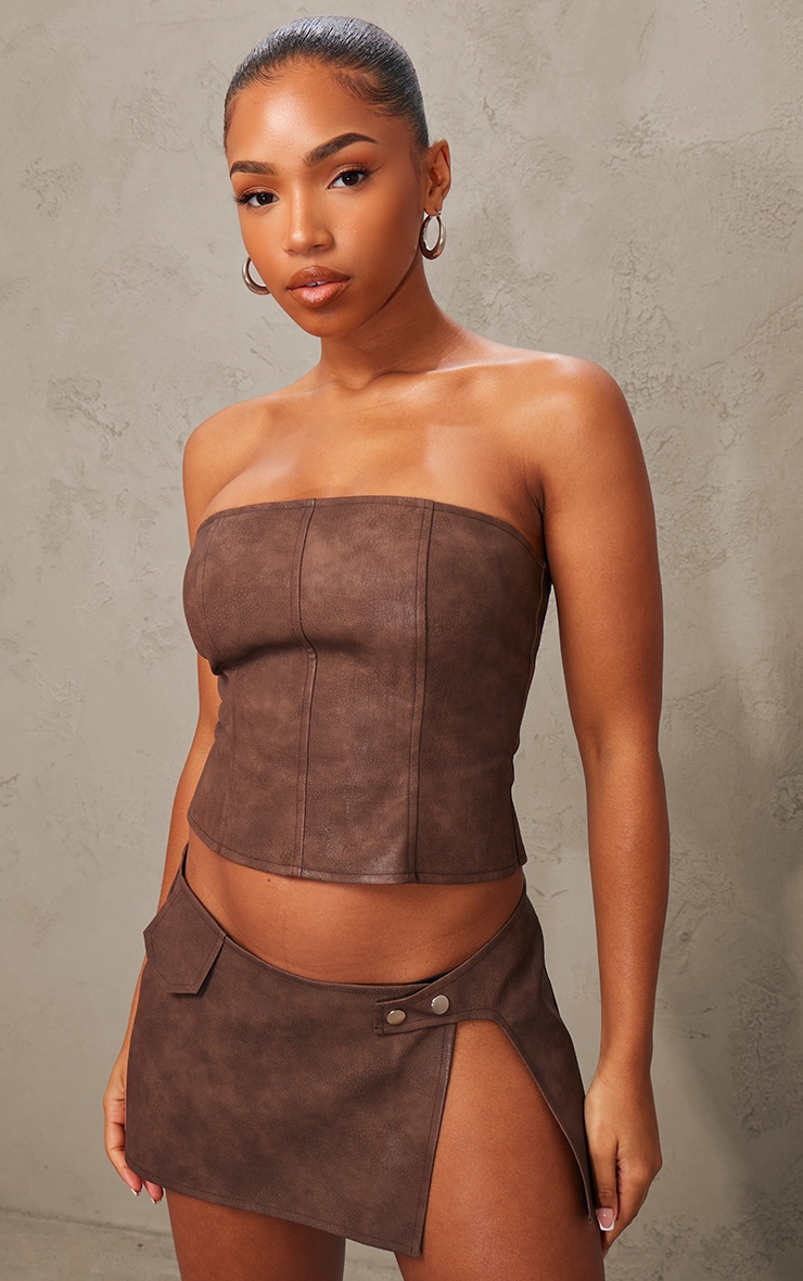 Chocolate Washed Faux Leather Button Front Micro Mini Skirt image 4