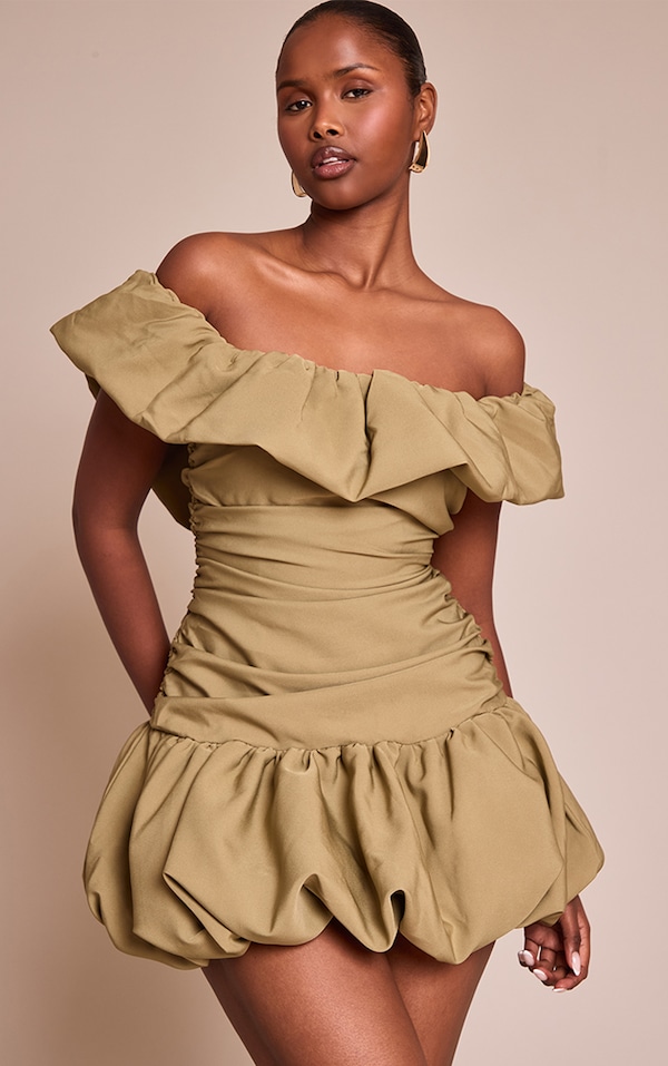 Olive Woven Bardot Ruched Shift Mini Dress