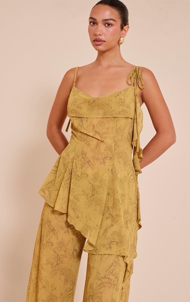 Chartreuse Abstract Print Chiffon Frill Cami Top image 1