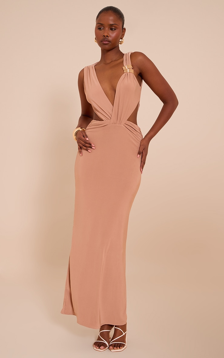 Beige Double Layer Slinky Plunge Cut Out Maxi Dress image 1