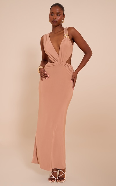 Beige Double Layer Slinky Plunge Cut Out Maxi Dress