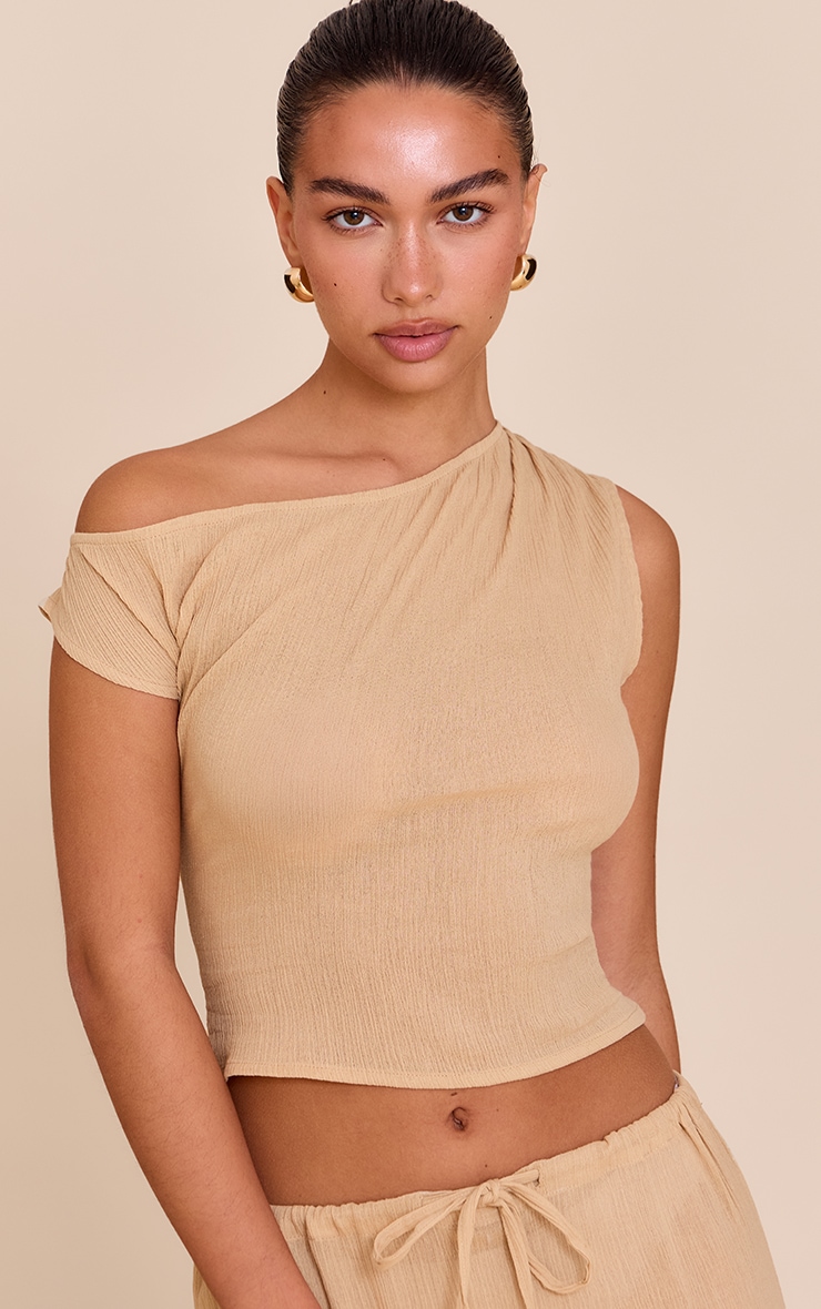 Sand Cheesecloth Off The Shoulder Asymmetric Top image 4