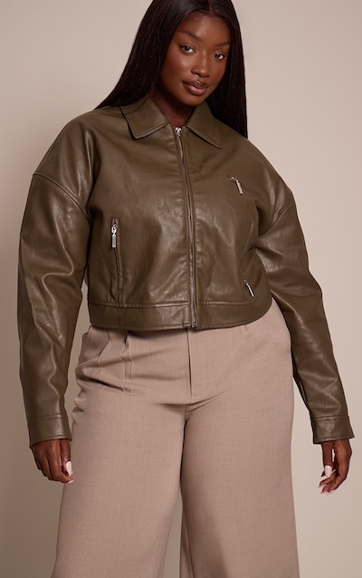 Plus Sage Green Textured Faux Leather Zip Up Minimal Biker Jacket