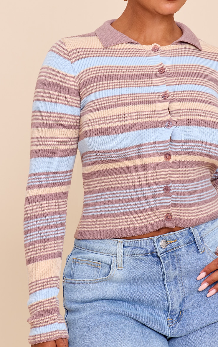 Shape Mocha Knitted Stripe Button Front Cardigan image 4