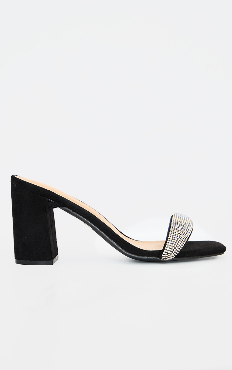 Black Faux Suede Diamante Strap Lace Up Block Heeled Sandals image 4