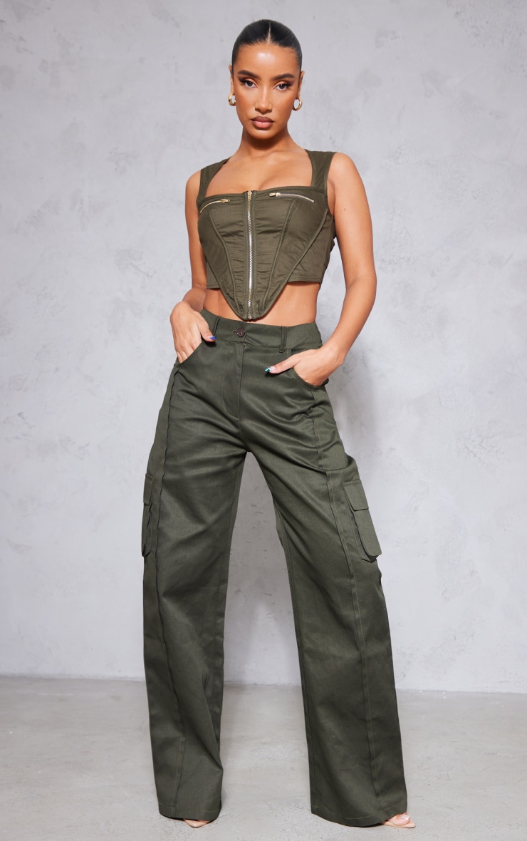 Khaki Cargo Zip Up Panel Detail Crop Top image 3