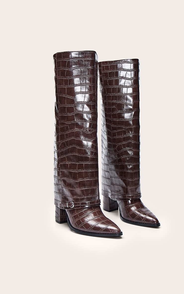 Burgundy Large Scale Croc Fold Over Knee High Block Heel Boot image 3