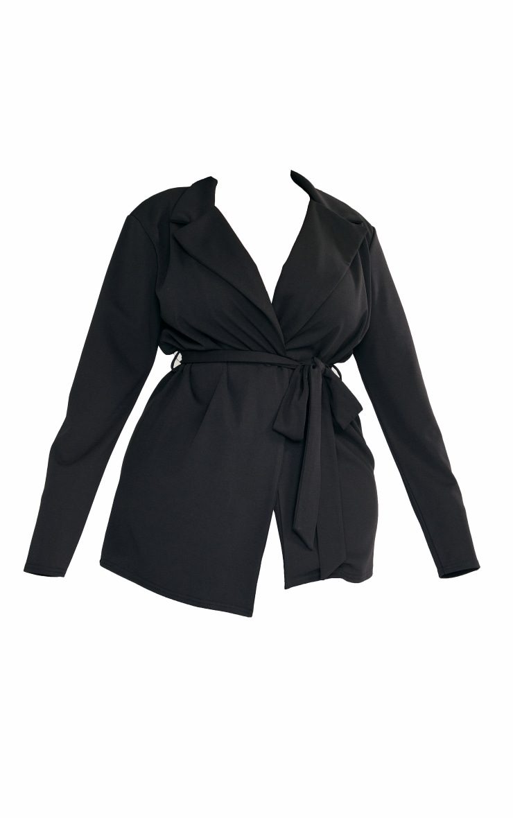 Plus Black Scuba Crepe Shoulder Padded Wrap Belted Blazer image 1