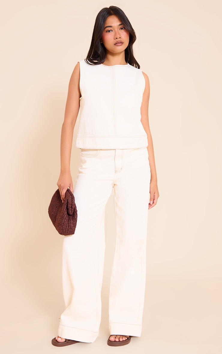 Ecru Round Neck Sleeveless Boxy Denim Top image 3