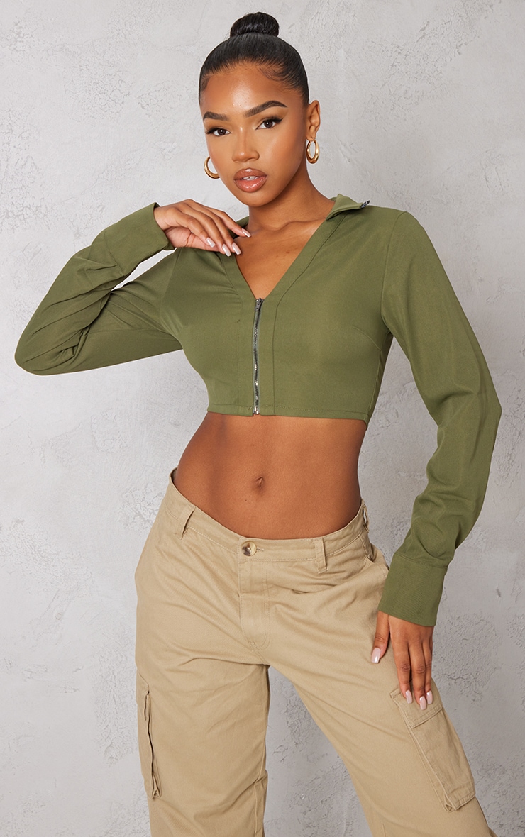 Khaki Woven Zip Up Crop Shirt image 1