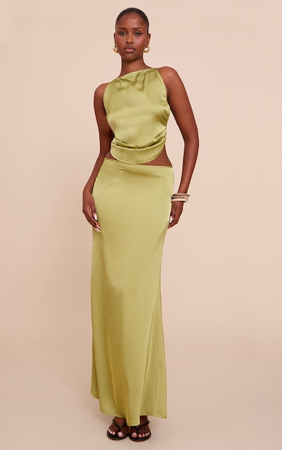 Jupe fluide longue satinée vert olive