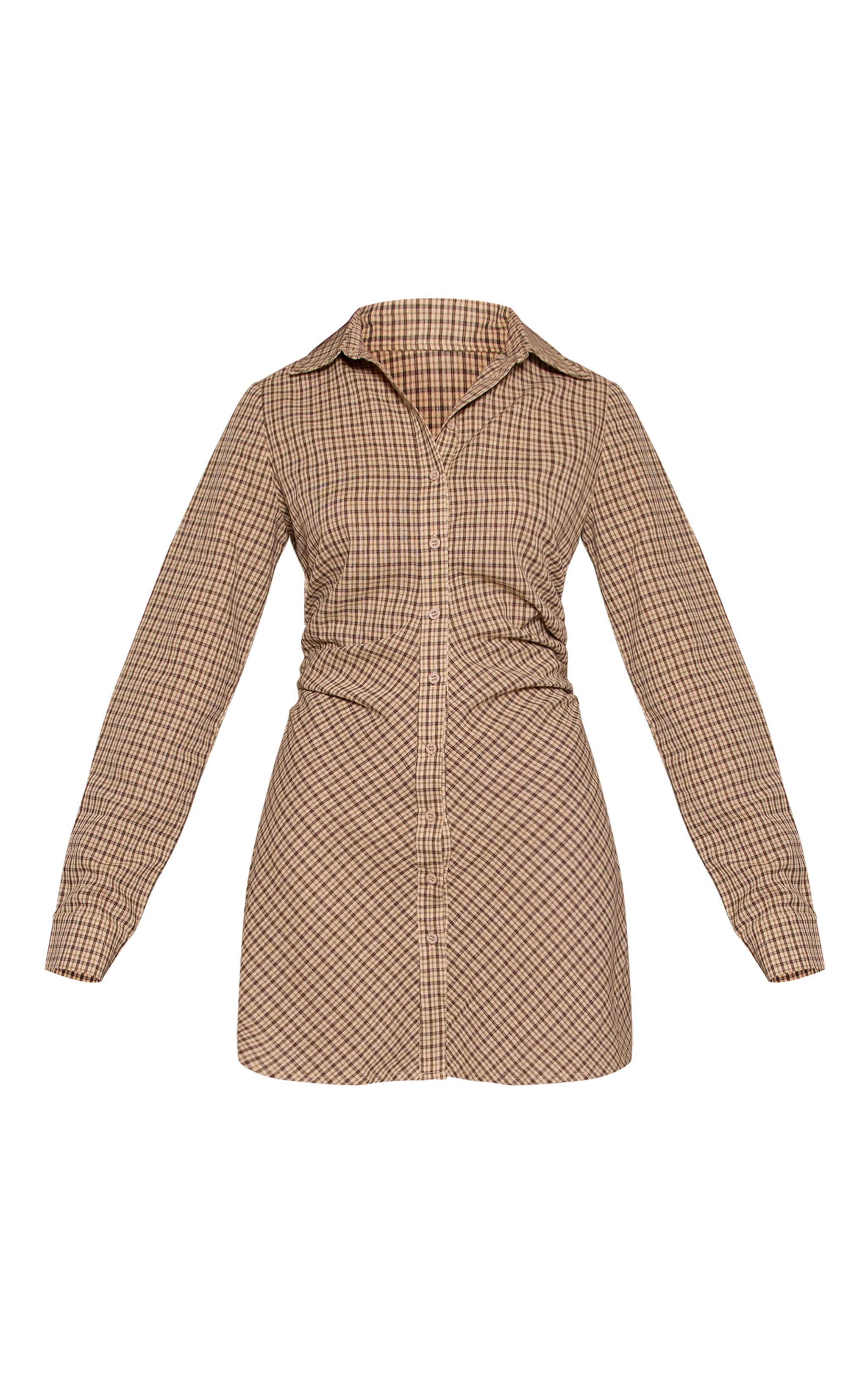 Robe chemise crème imprimé carreaux froncée à manches longues et boutons image 5