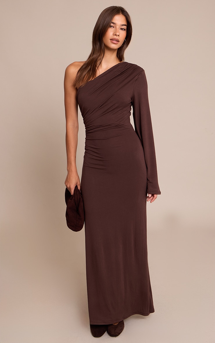 Chocolate Jersey One Shoulder Ruched Detail Maxi Dress image 3