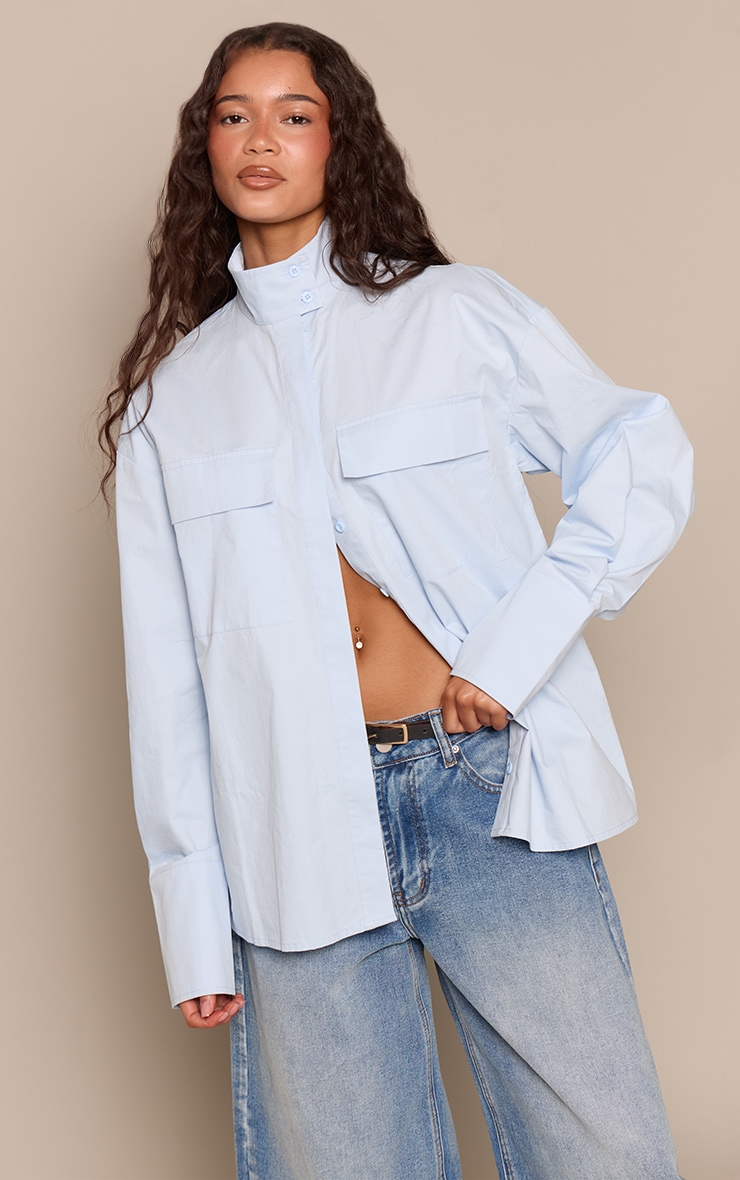 Light Blue Cotton Pocket Detail Oversized Shirt