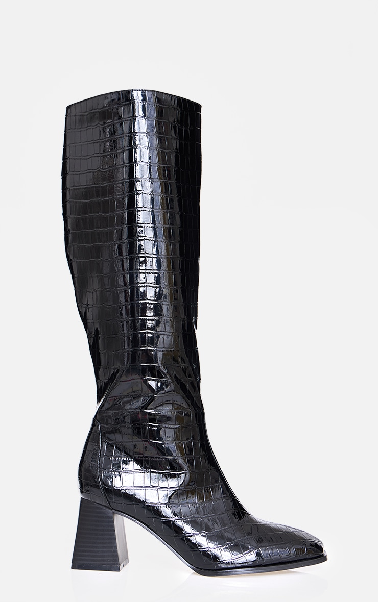 Black Croc PU Wide Fit Round Toe High Block Heel Knee High Boots image 3