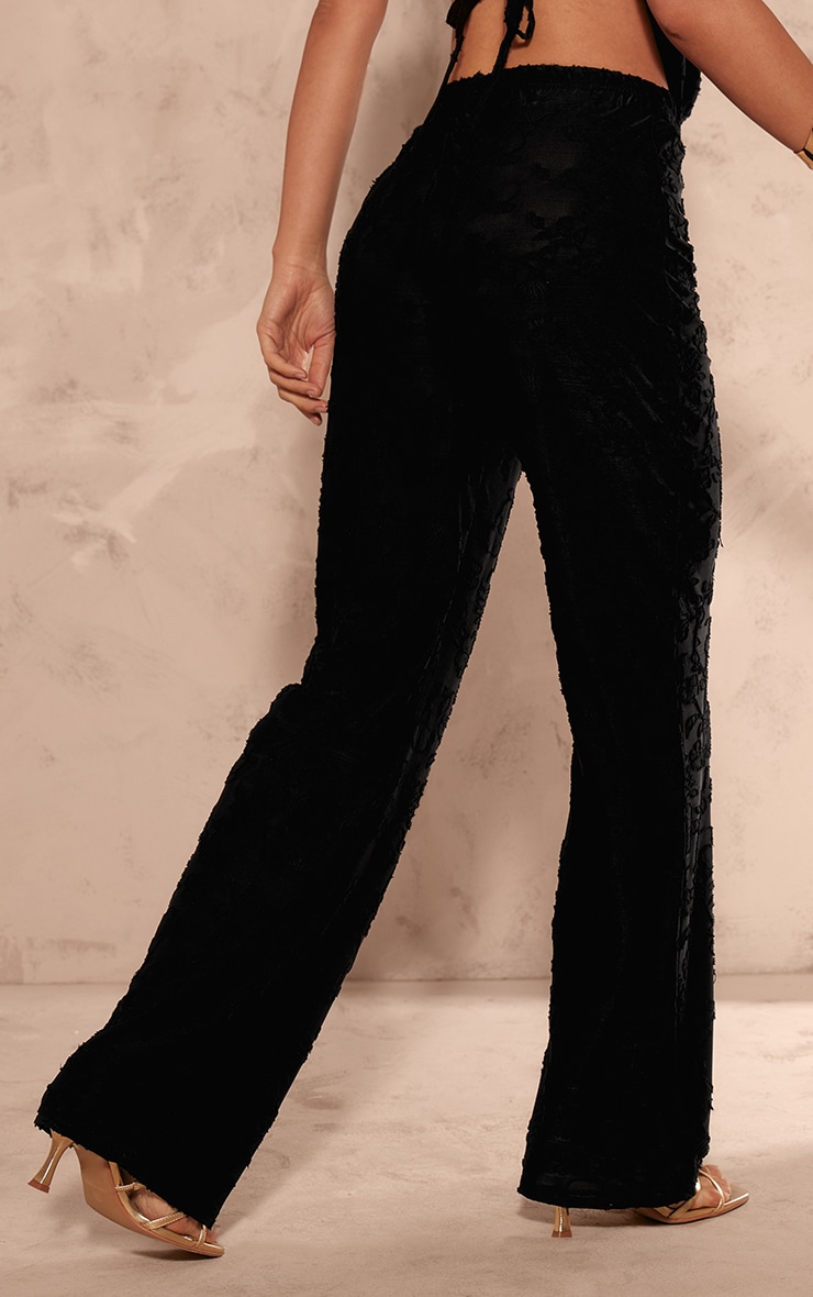 Black Woven Floral Mid Rise Wide Leg Trousers image 3