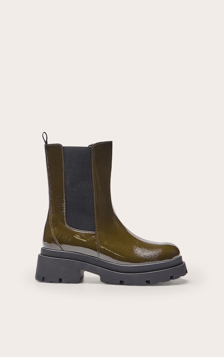 Khaki Patent Chunky Sole Chelsea Boots image 2
