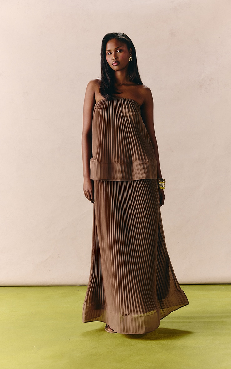 Taupe Chiffon Plisse Maxi Skirt