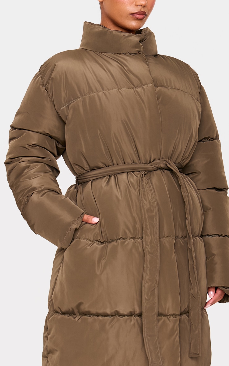 Khaki Quilted Longline Tie Waist Puffer Coat image 4