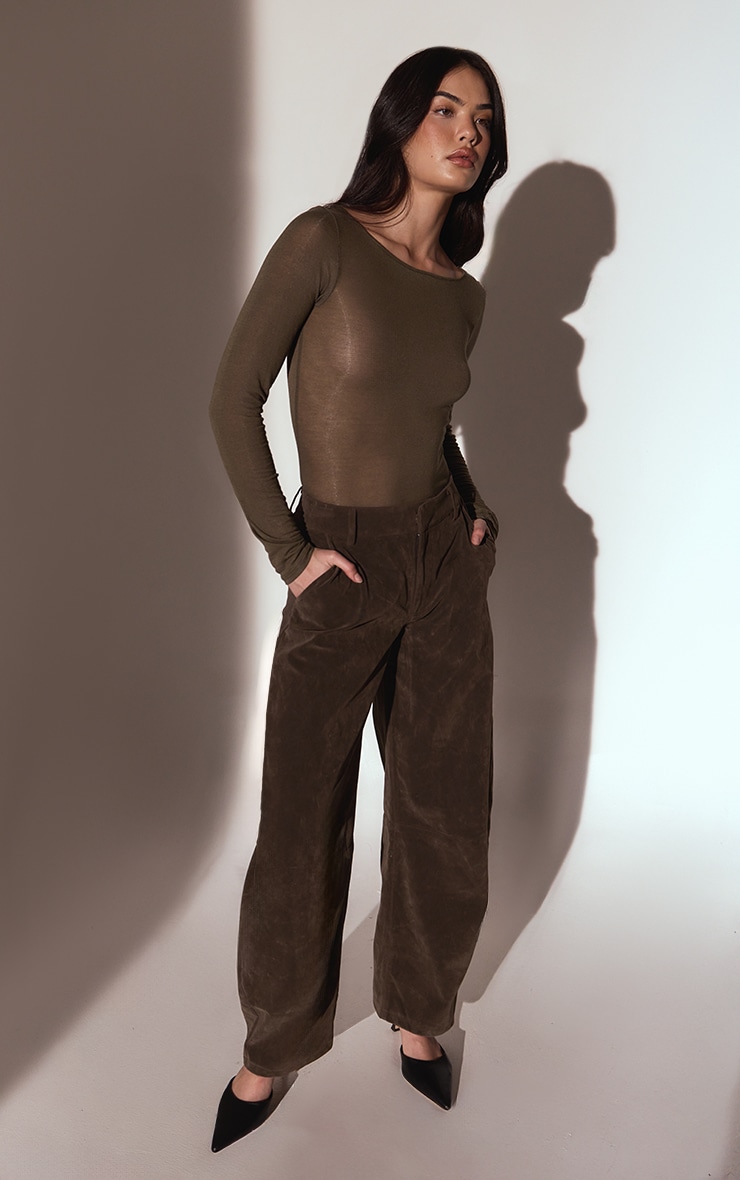 Dark Khaki Faux Suede Barrel Leg Trousers image 2