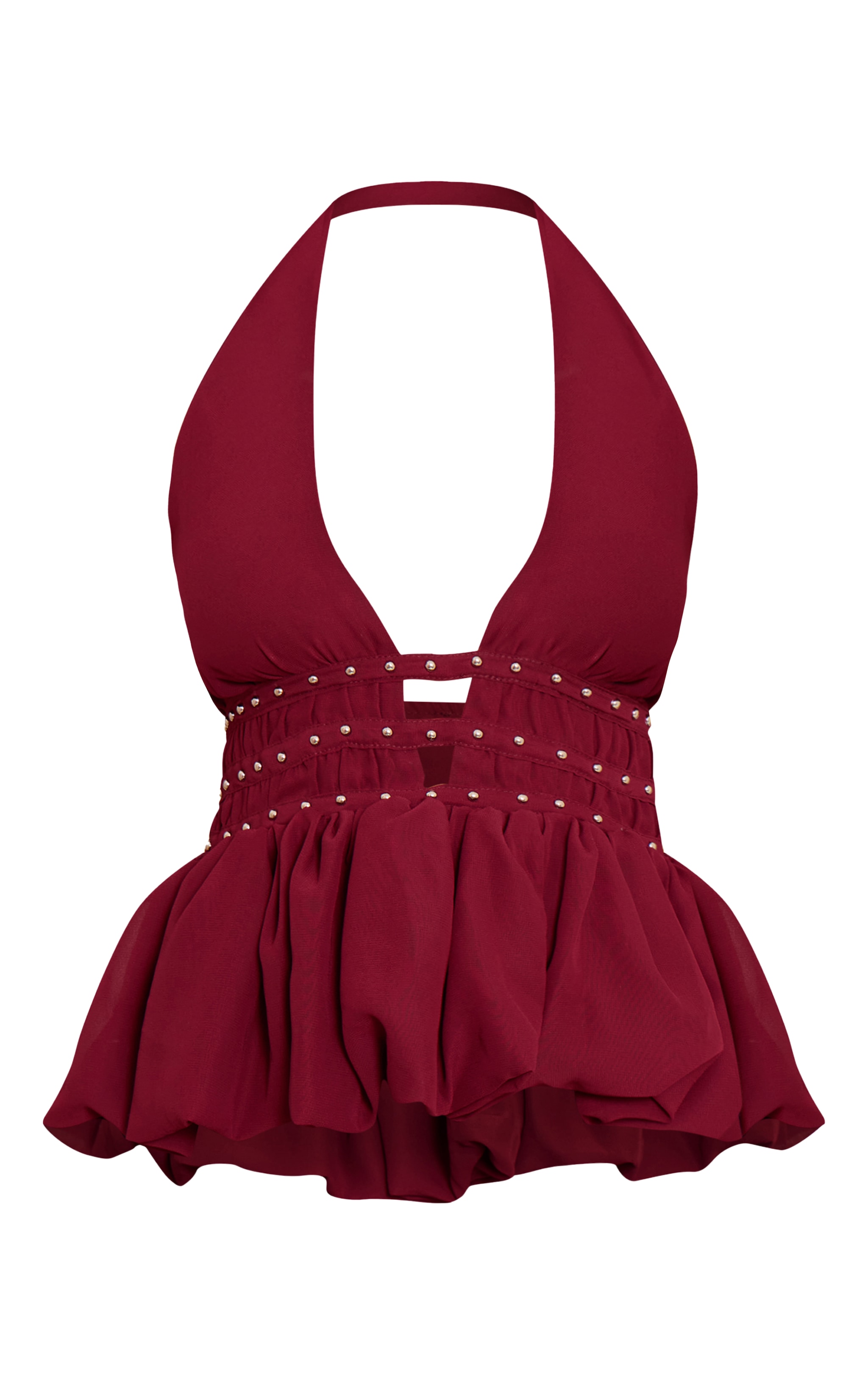Petite Burgundy Stud Detail Ruffle Halterneck Top image 5