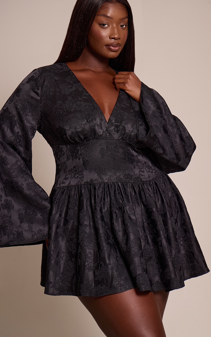 Plus Black Floral Jacquard Flute Sleeve Mini Dress image 1