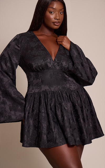 Plus Black Floral Jacquard Flute Sleeve Mini Dress