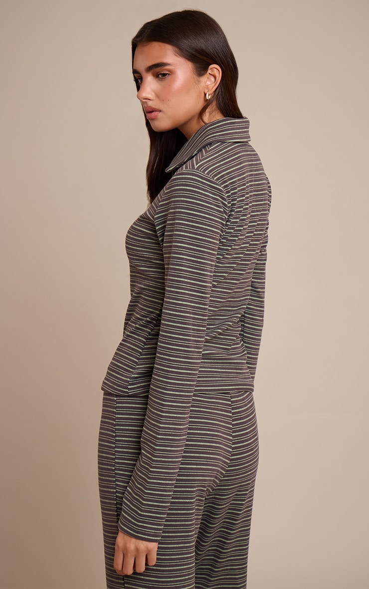 Chocolate Soft Fleece Pinstripe Collar Detail Long Sleeve Top  image 2