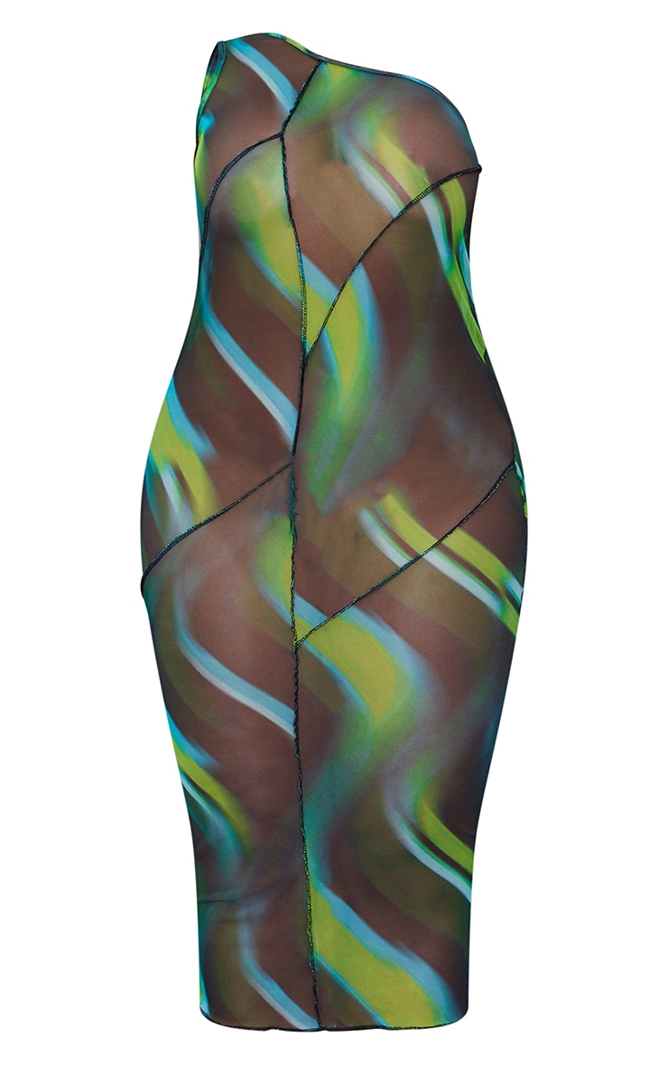 Shape Green Wave Print Sheer Mesh Overlock One Shoulder Midi Dress image 5