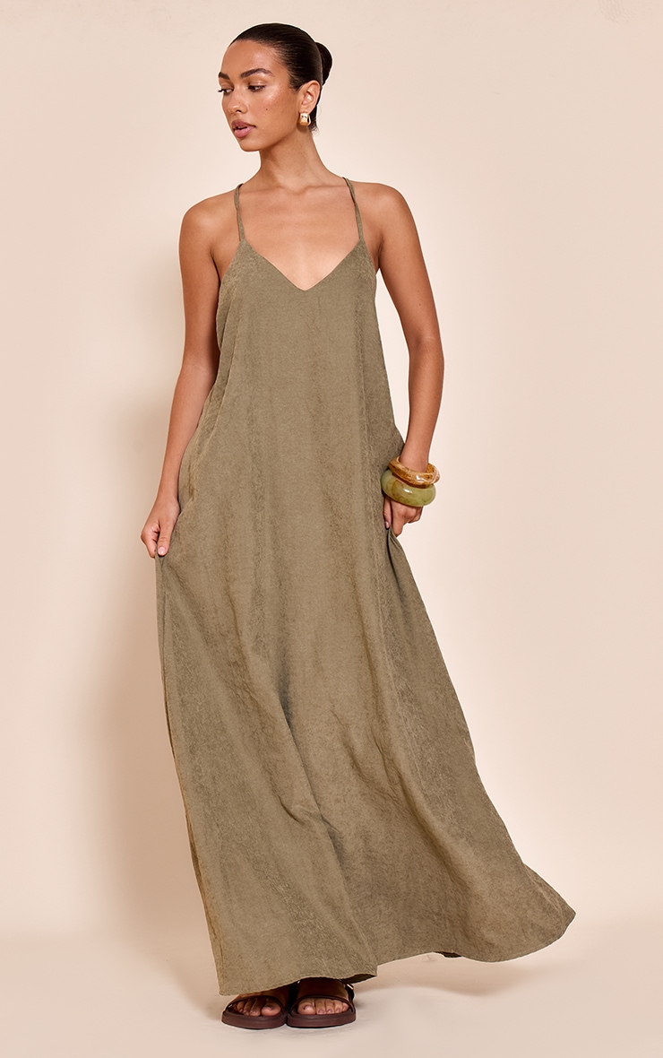 Khaki Textured Plunge Maxi Dress image 2