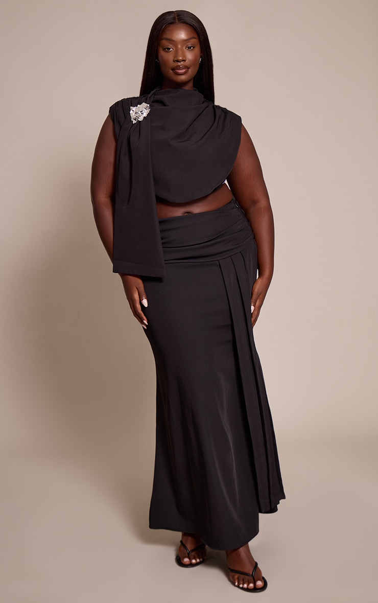 Plus Premium Black Woven Trim Detail Draped Crop Top image 3