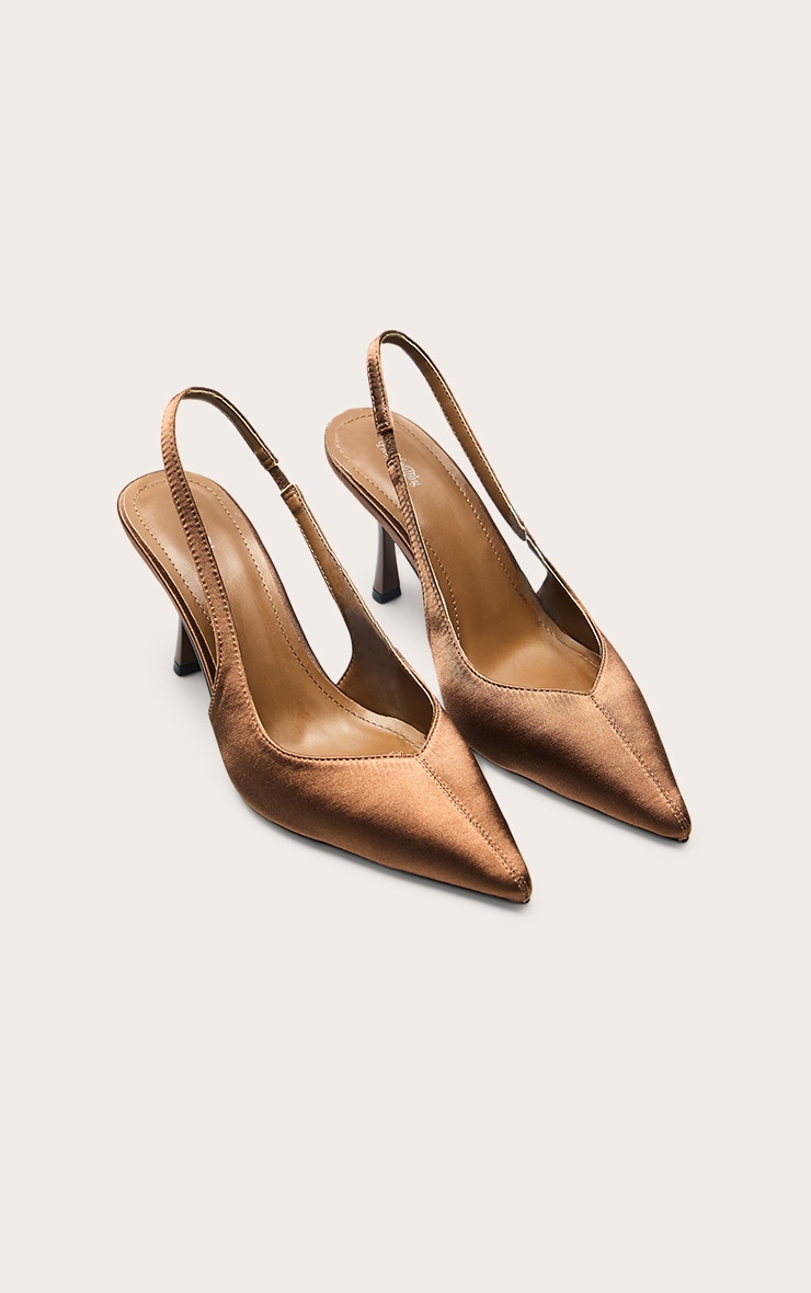 Mocha Satin Point Toe Heeled Sling Back image 3