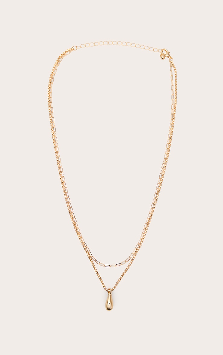 Gold Smooth Layered Teardrop Pendant Necklace image 2