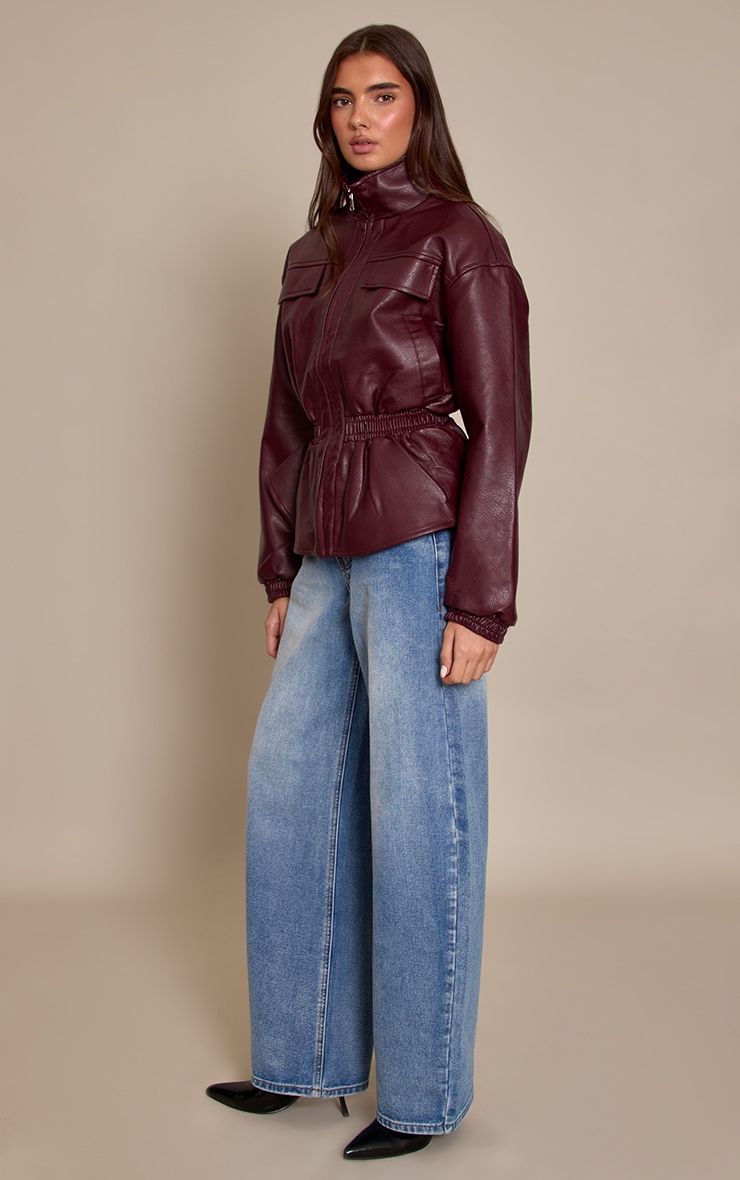 Chocolate Plum High Neck Cinched Waist Faux Leather Jacket image 3