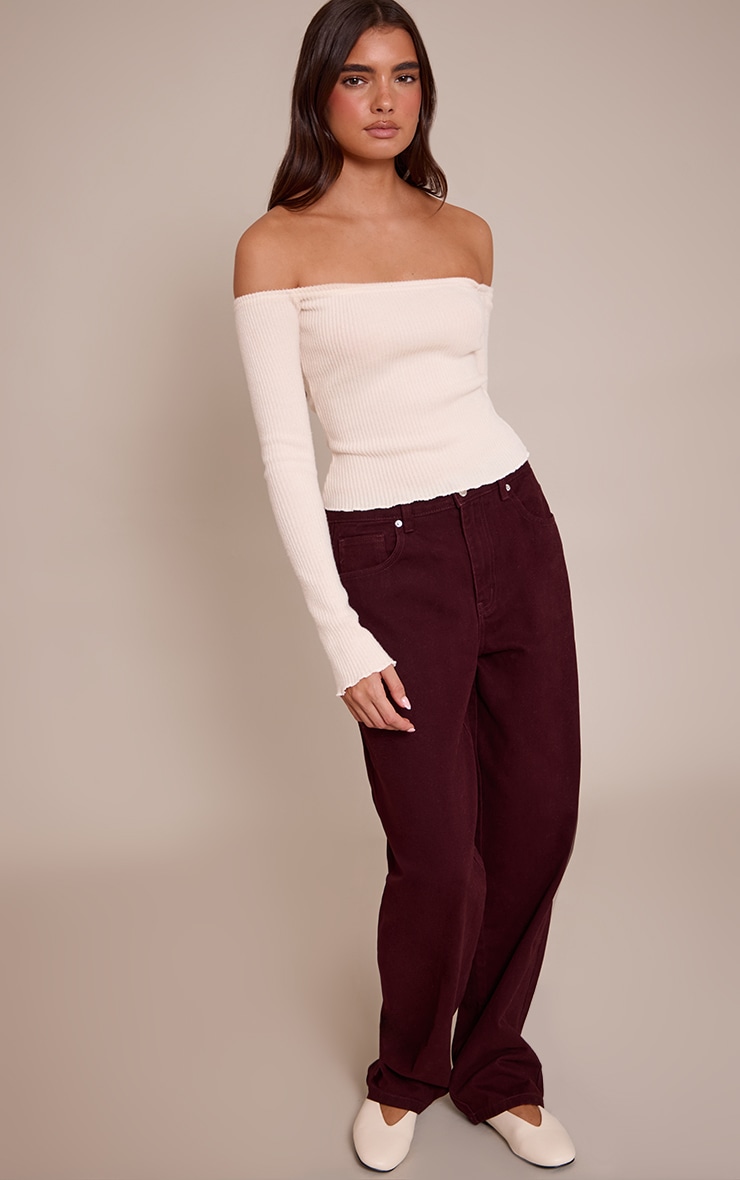 Cream Brushed Rib Bardot Fitted Long Sleeve Top image 3