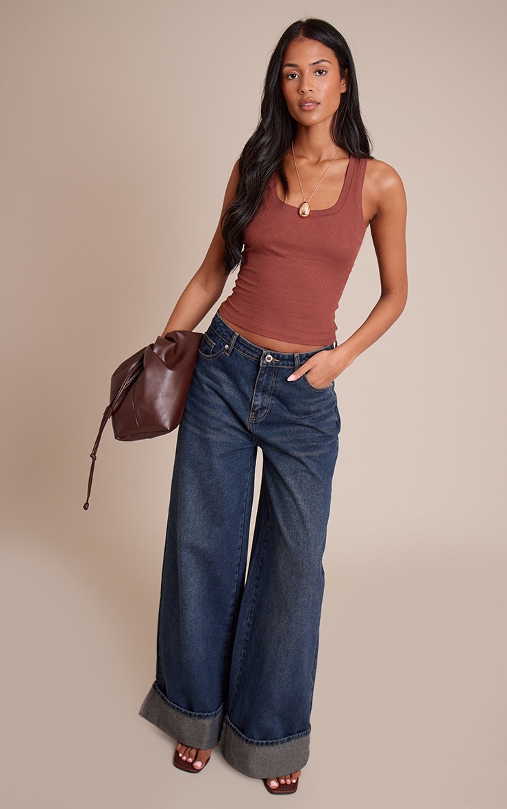 Tall Dark Indigo Mid Rise Turn Up Wide Leg Jeans