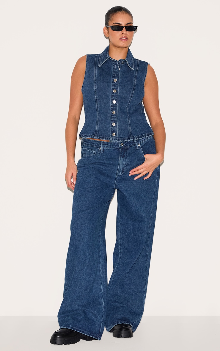 Plus Dark Blue Denim Collar Waistcoat image 3