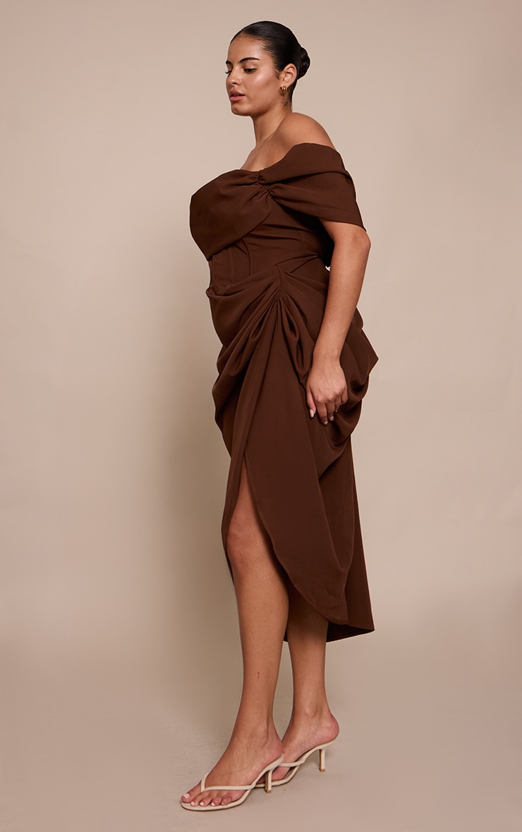 Plus Chocolate Corset Bardot Draped Midi Dress image 3