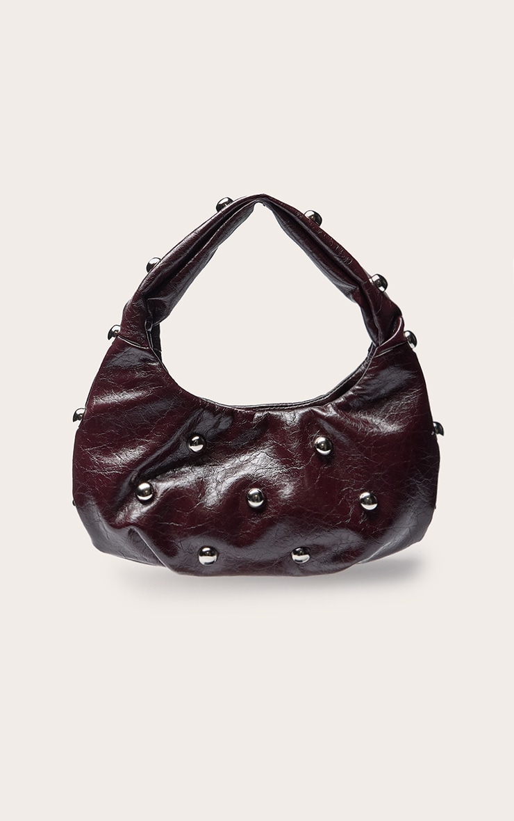 Sac épaule prune en simili froissé, détails cloutés argentés image 2