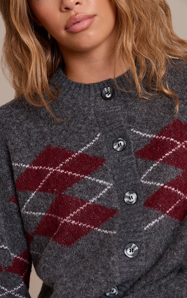 Grey Argyle Button Through Cardigan | Knitwear | PLT CA