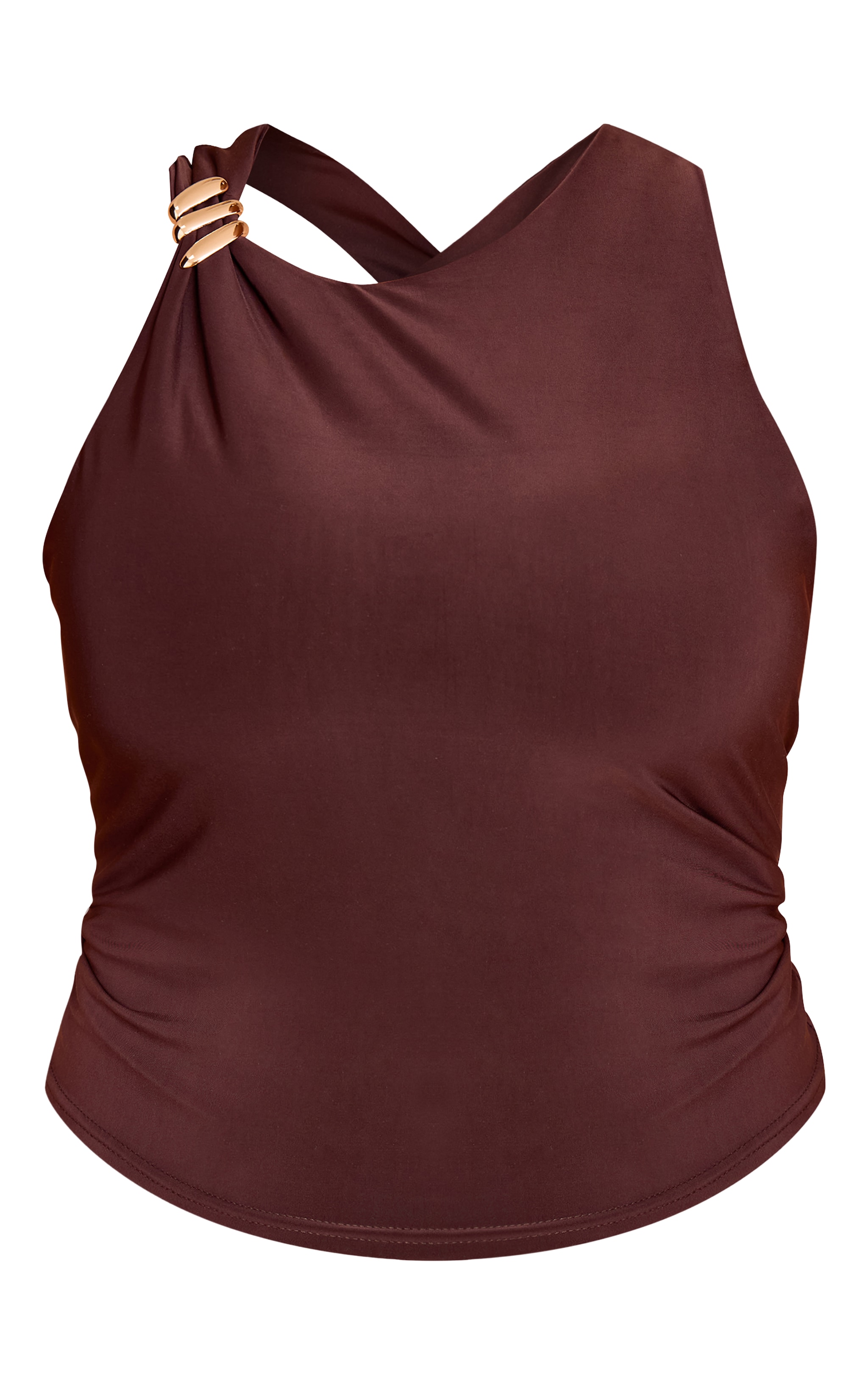 Plus Deep Chocolate Double Layer Slinky Trim Detail Long Vest Top image 5