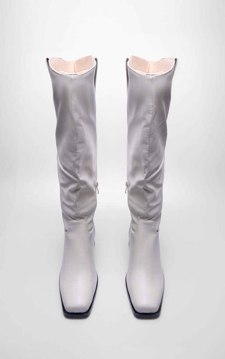 Beige Pu Square Toe Knee High Block Heeled Western Boots image 3