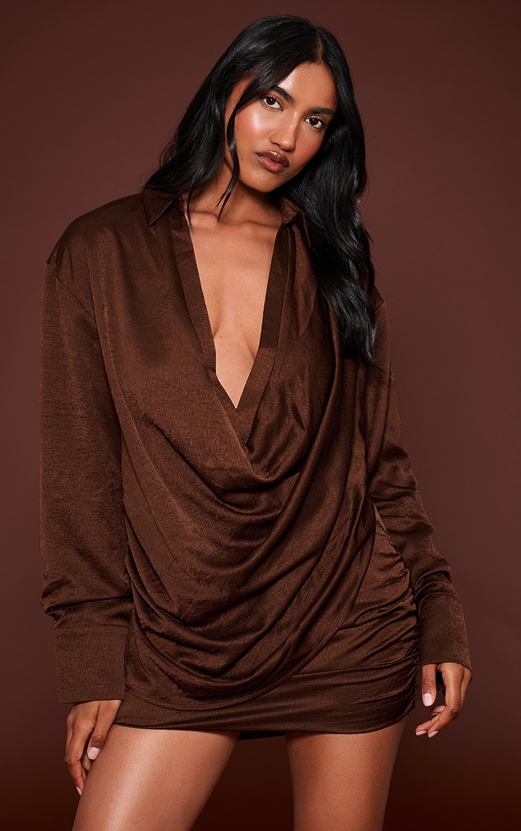 Chocolate Textured Satin Plunge Shirt image 1
